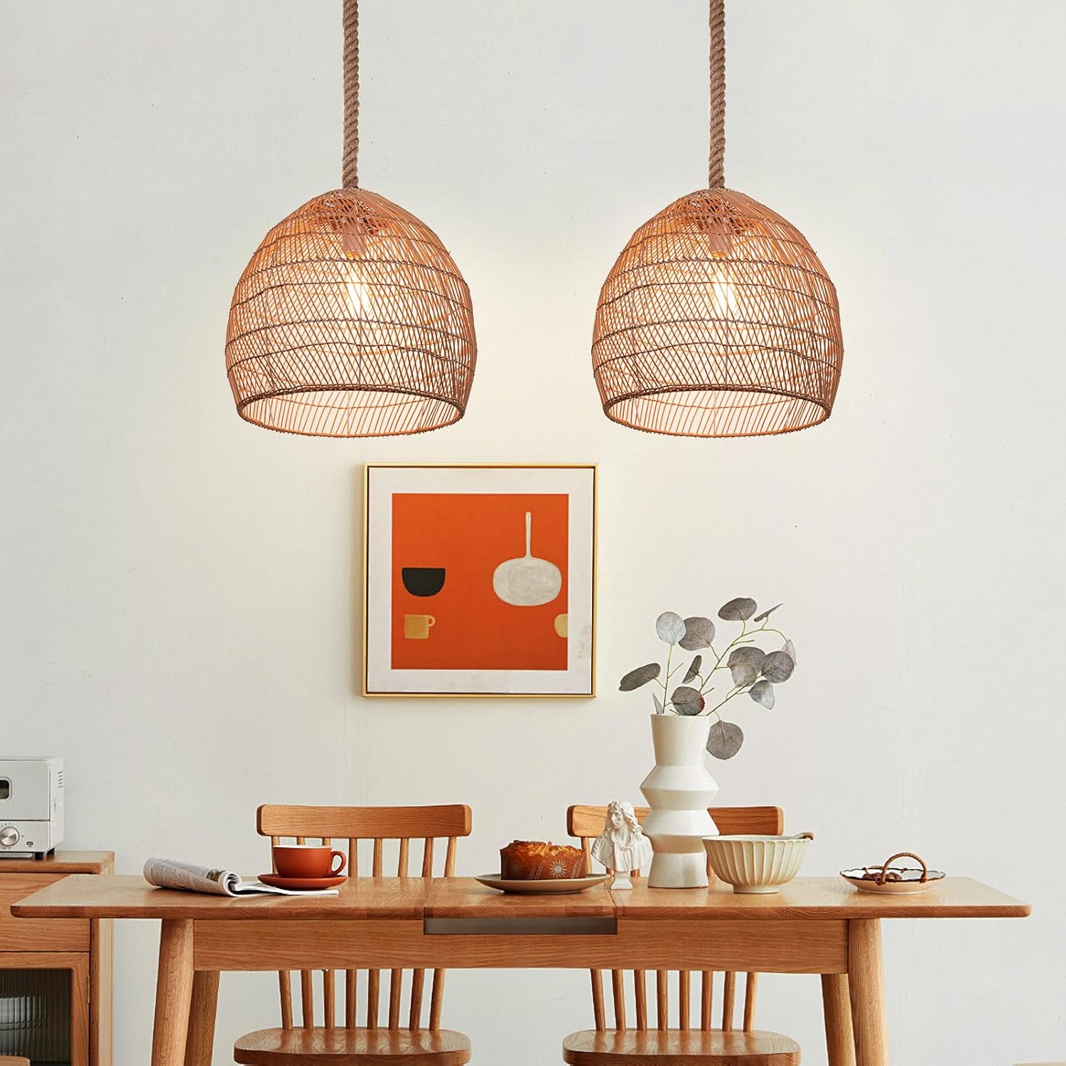 1 Light Rattan Chandelier Woven Pendant Light Fixture, Boho Coastal Wicker Hanging Ceiling Lighting for Kitchen, 15.74"W Large Lampshade for Living Room Bars Restaurants