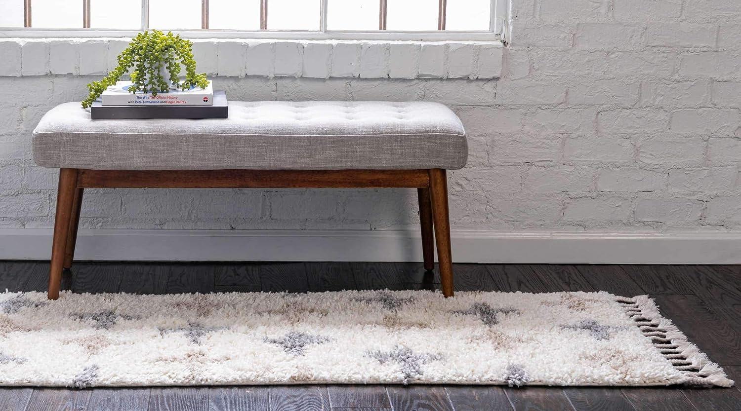 Unique Loom Hygge Shag Collection Modern Moroccan Inspired, Geometric Design, Plush & Cozy Area Rug (2' 2 x 6' 0 Runner, Ivory/ Tan)