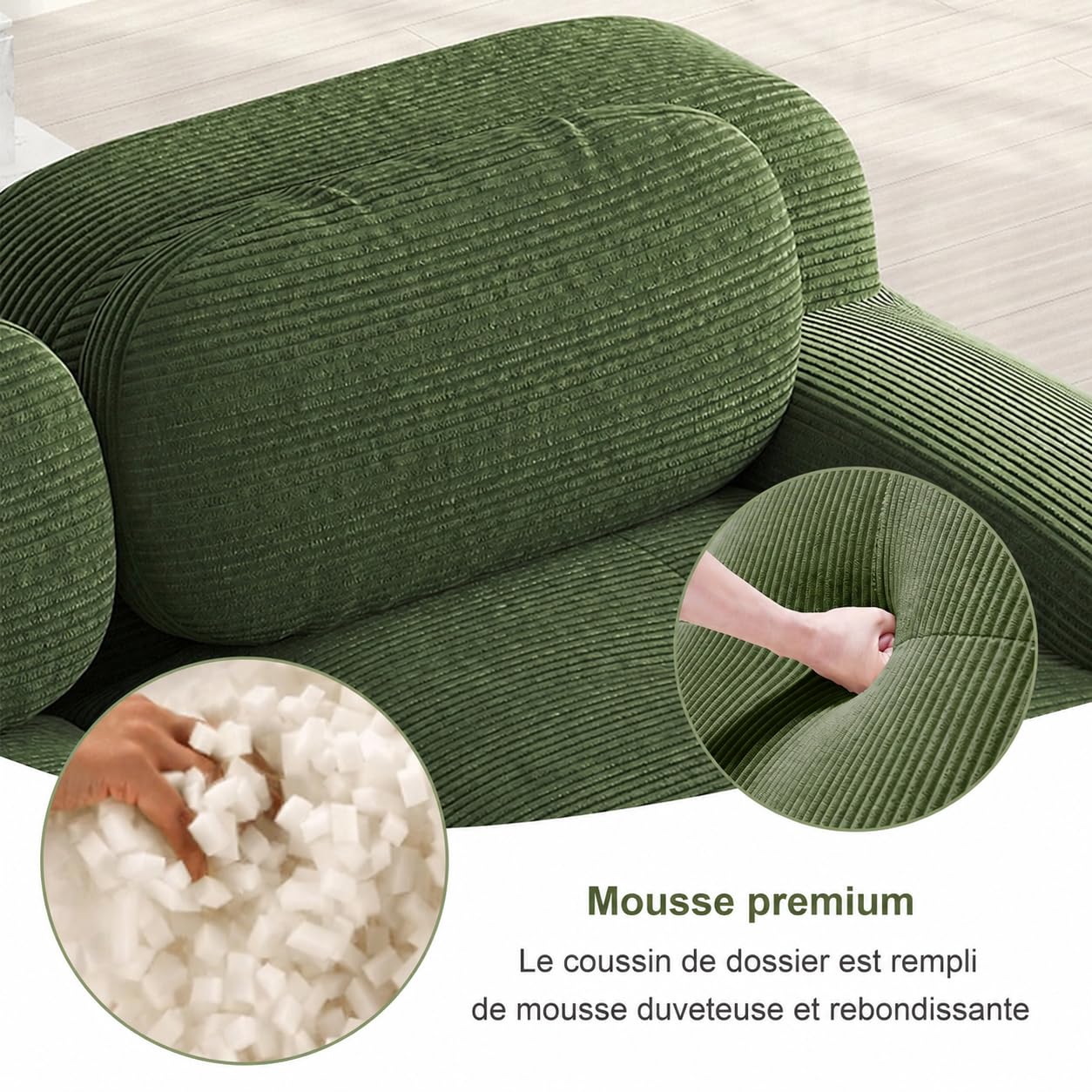 Divano a 3 posti in velluto a coste verde 298x103x70 cm, senza