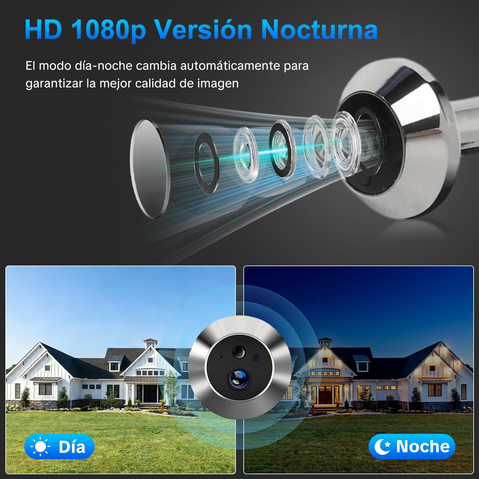 Cámara de Mirilla Digital Inteligente con Conexión WiFi de 2,4 GHz, Cámara Gran Angular de 1080p, Pantalla LCD de 4,3 Pulgadas, Detección de Movimiento PIR, Visión Nocturna y Batería de 5000 mAh