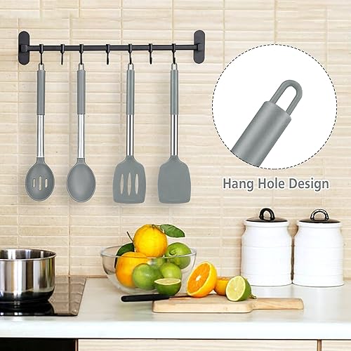 Miniatura 6 de Paquete de 4 espátulas y cucharas grandes de silicona, juego de utensilios de cocina de acero inoxidable ranurados y sólidos, antiadherentes,