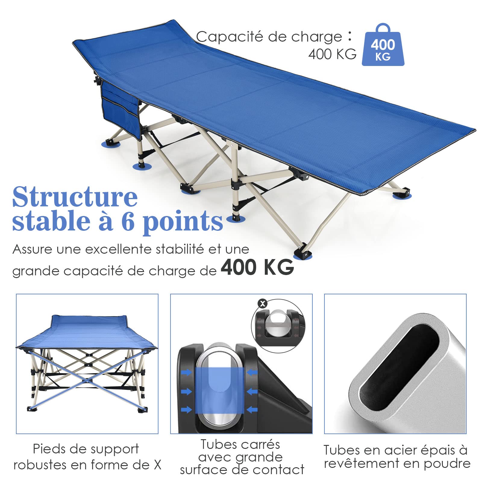 COSTWAY lit de Camping Pliable, Charge jusqu'à 400 kg, lit de Voyage à Pliage Rapide avec Sac de Transport, lit de Couchage intérieur et extérieur pour Le Camping, la Plage, la Maison, Le Bureau