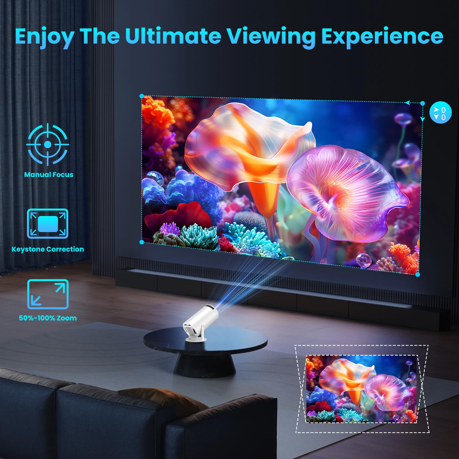 Mini proiettore con WiFi 6 BT5.1, proiettore video supporta 4K 1080P Auto Keystone 270° Rotazione, compatibile con HDMI, USB