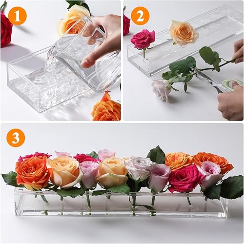 Miniatura 6 de Jarrón de acrílico transparente de 16 pulgadas de largo, centro de mesa rectangular floral, jarrones para centros de mesa con 16 agujeros para