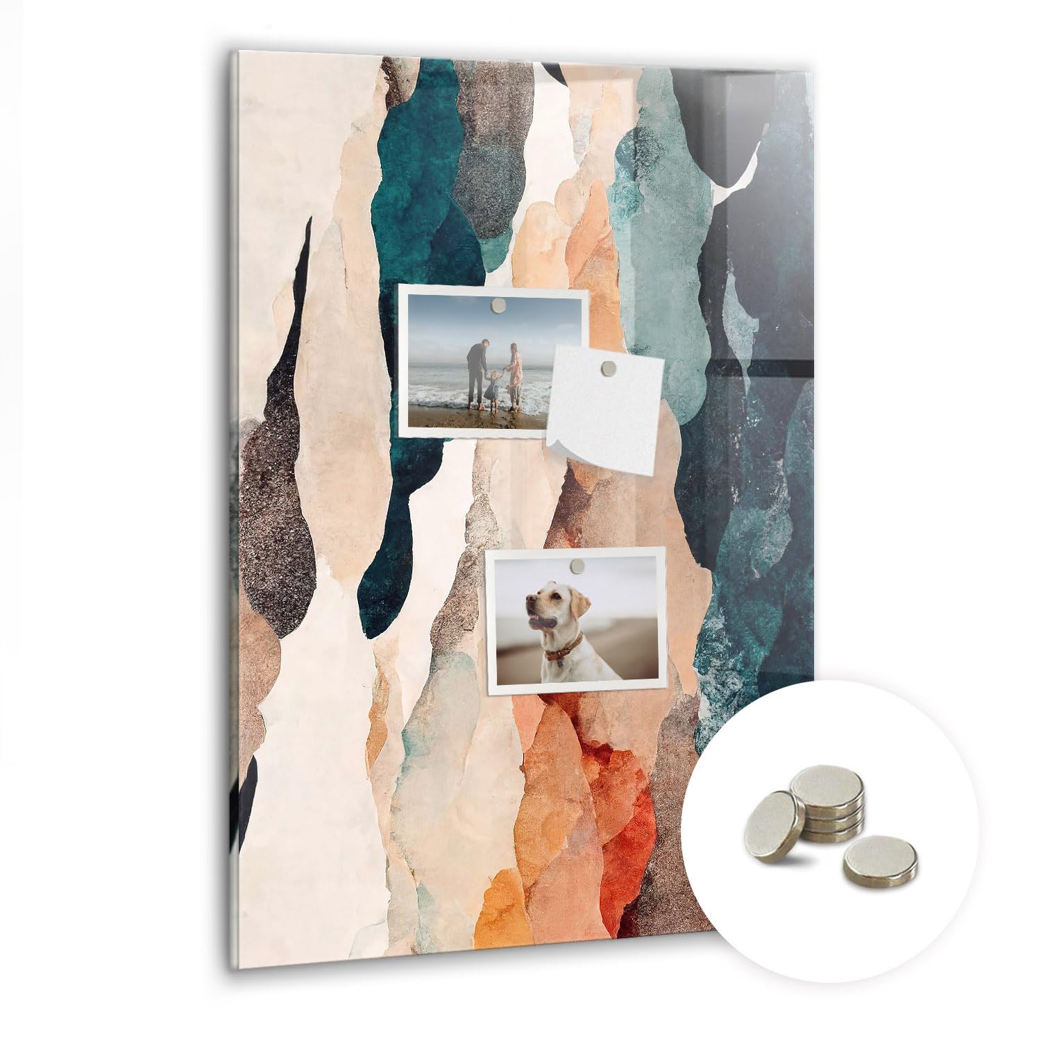 Tablero magnético de vidrio vertical | Incluye imanes fuertes | Perfecto para notas, fotos y planificación diaria | Diseño moderno - 40x60cm - Manchas abstractas