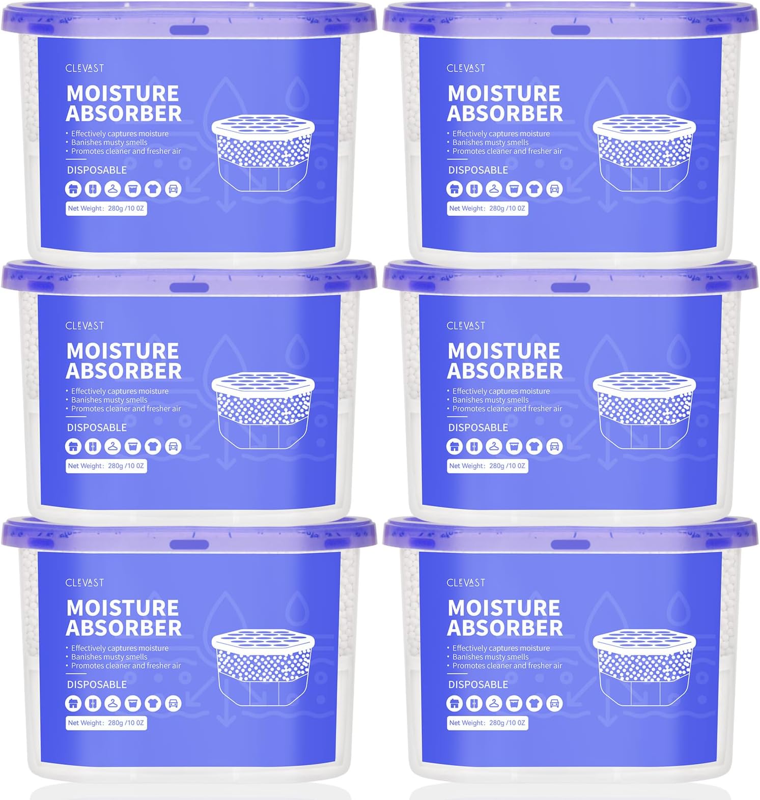 CLEVAST Moisture Absorbers Boxes 6 Pack, Dehumidifier Boxes for Closet, Unscented Hanging Humidity Absorber in Wardrobes, Bedrooms, Bathrooms(280g/pack)