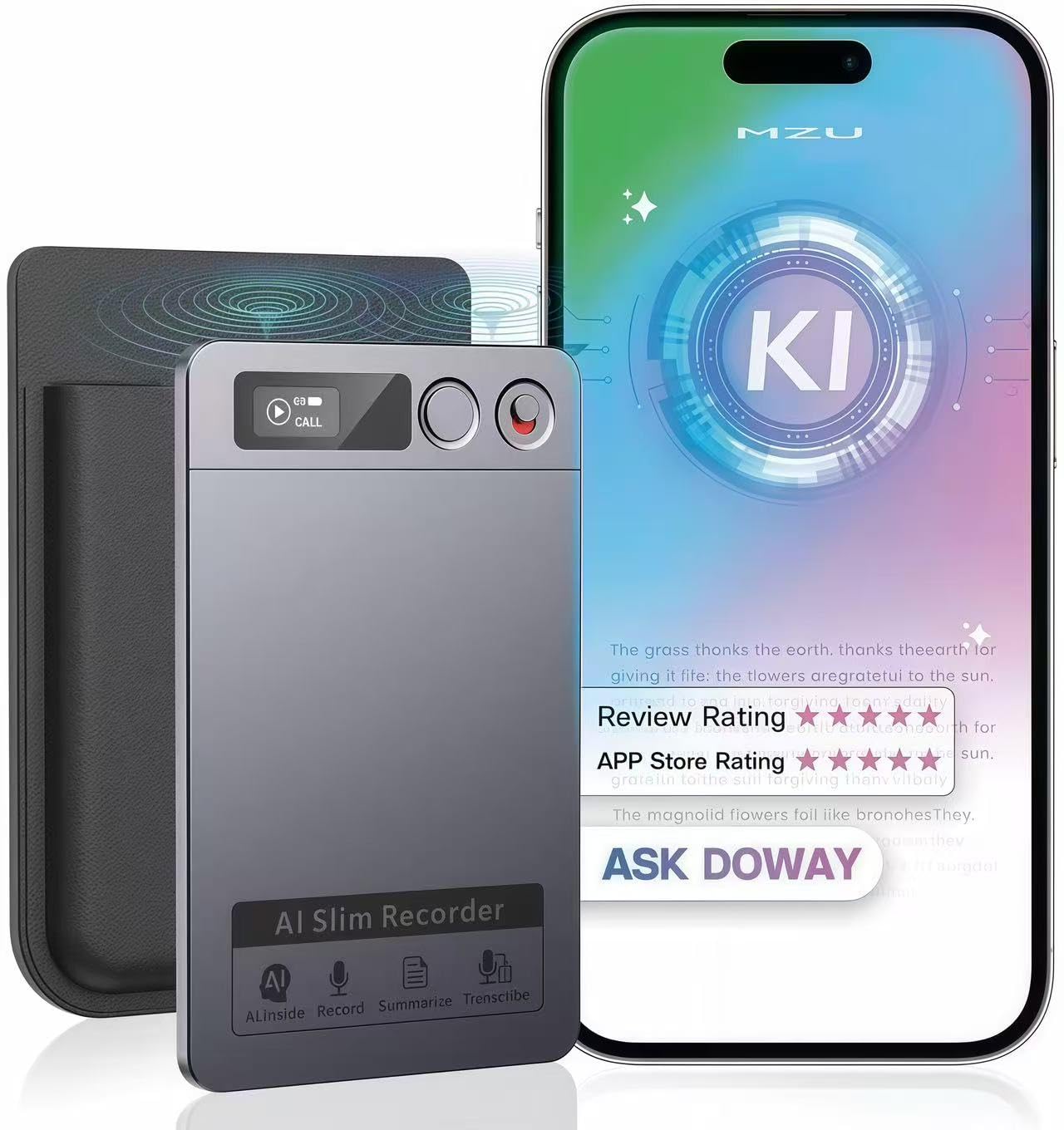 KI Digitales Diktiergerät mit Hülle, Echtzeit-Transkription & KI-Zusammenfassung mit152 Sprachen, Fur Android/iOS, 64GB, One-Touch-Aufnahmefür Meetings, Interviews, Telefonate