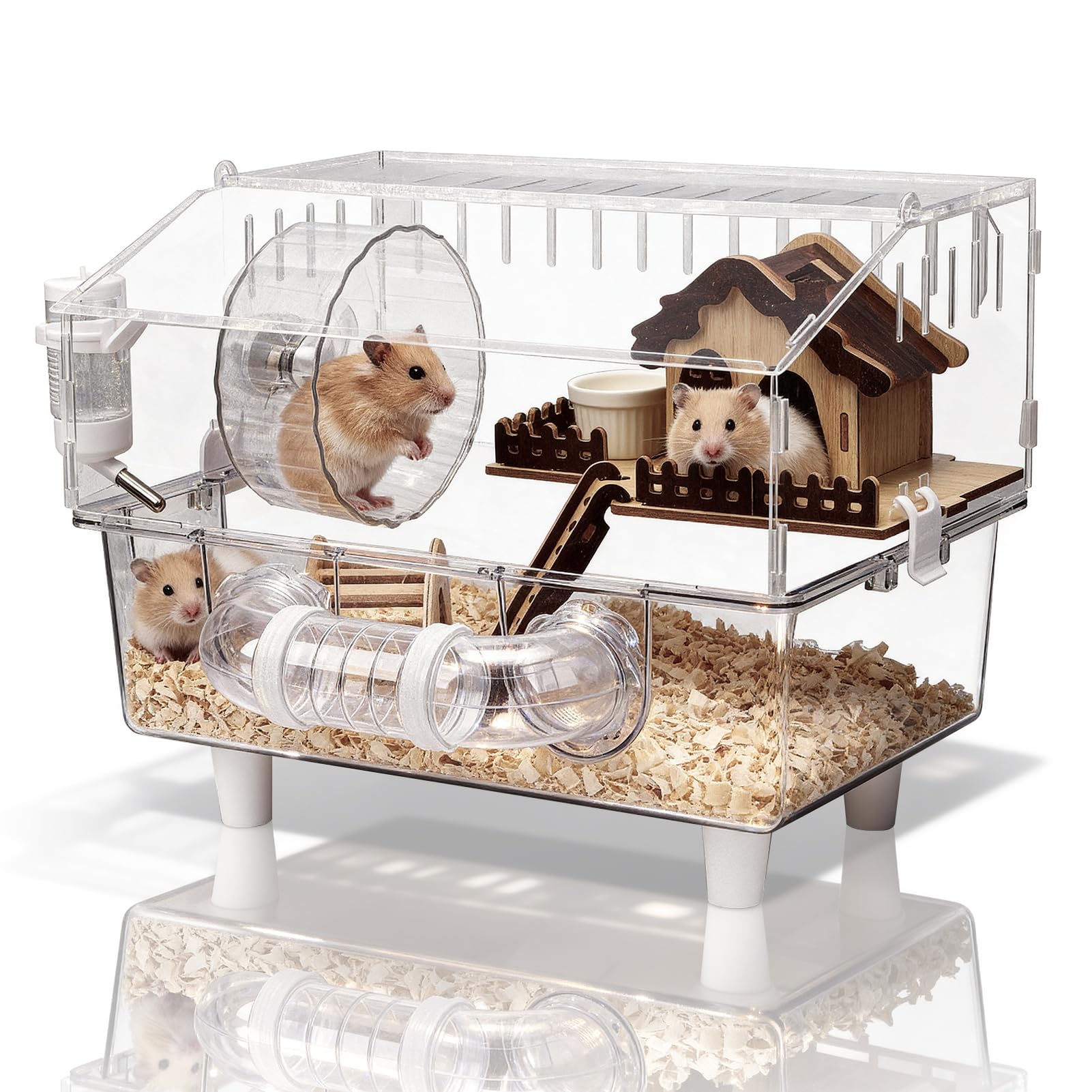 Gugxiom Large Acrylic Hamster Cage, 2-Layer Full Transparent Guinea Pig Cage, with Hamster Wheel, Tunnel and Platform All Accessories (Liquid Core)