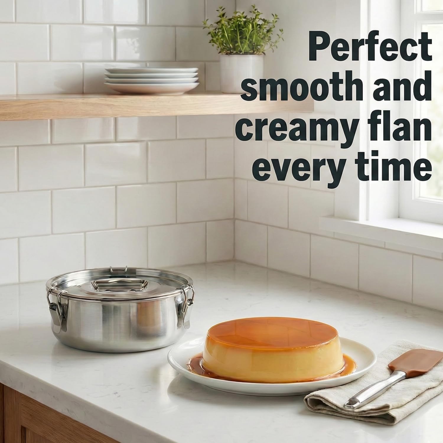 Molde para Flan - Flan Mold with Lid (7.65 x 2.9 in) Stainless Steel Flan Pan - For Baking with Water Bath or Baño Maria - Quesillera Flanera
