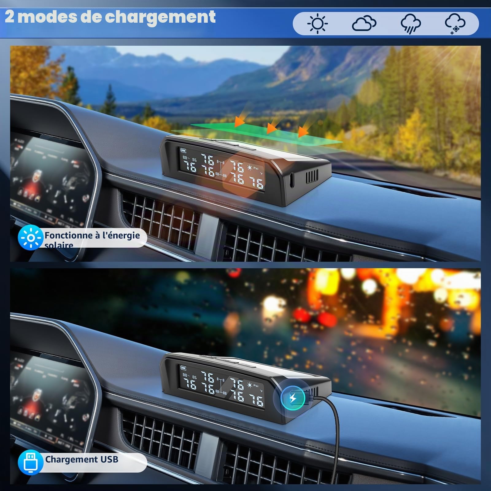 KAOLALI TPMS Système de Contrôle de La Pression Des Pneus avec 6 Capteurs, Haute Précision de 0,01 Bar, Charge Solaire et Charge USB, 9,9 bar/144 PSI Max, 6 Modes D'alarme, Pour Camping-cars et Camion