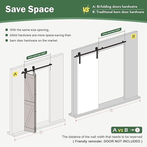 Miniatura 3 de Kit de riel de herrajes para puerta corrediza de granero plegable de 46 pulgadas, rodillo negro montado lateral, suave y silencioso, fácil de