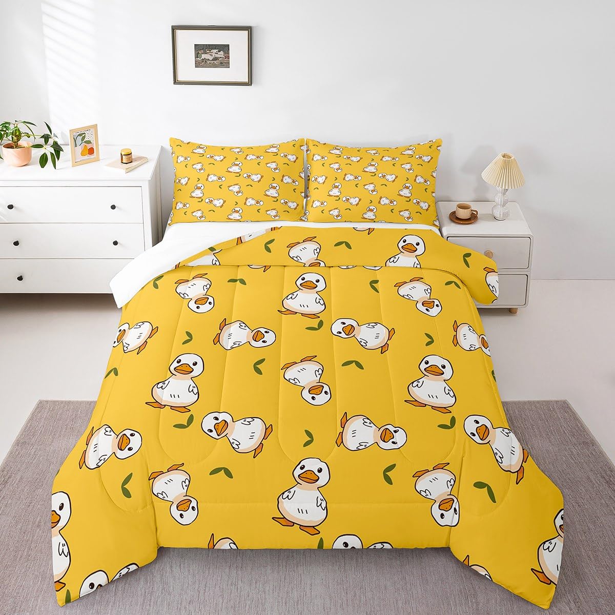 Cartoon Duck Comforter Set for Child Toddler,Cute White Goose Bedding Set Twin,Kawaii Farmhouse Animal Duvet Insert for Kids Gift,Lovely Country Duck