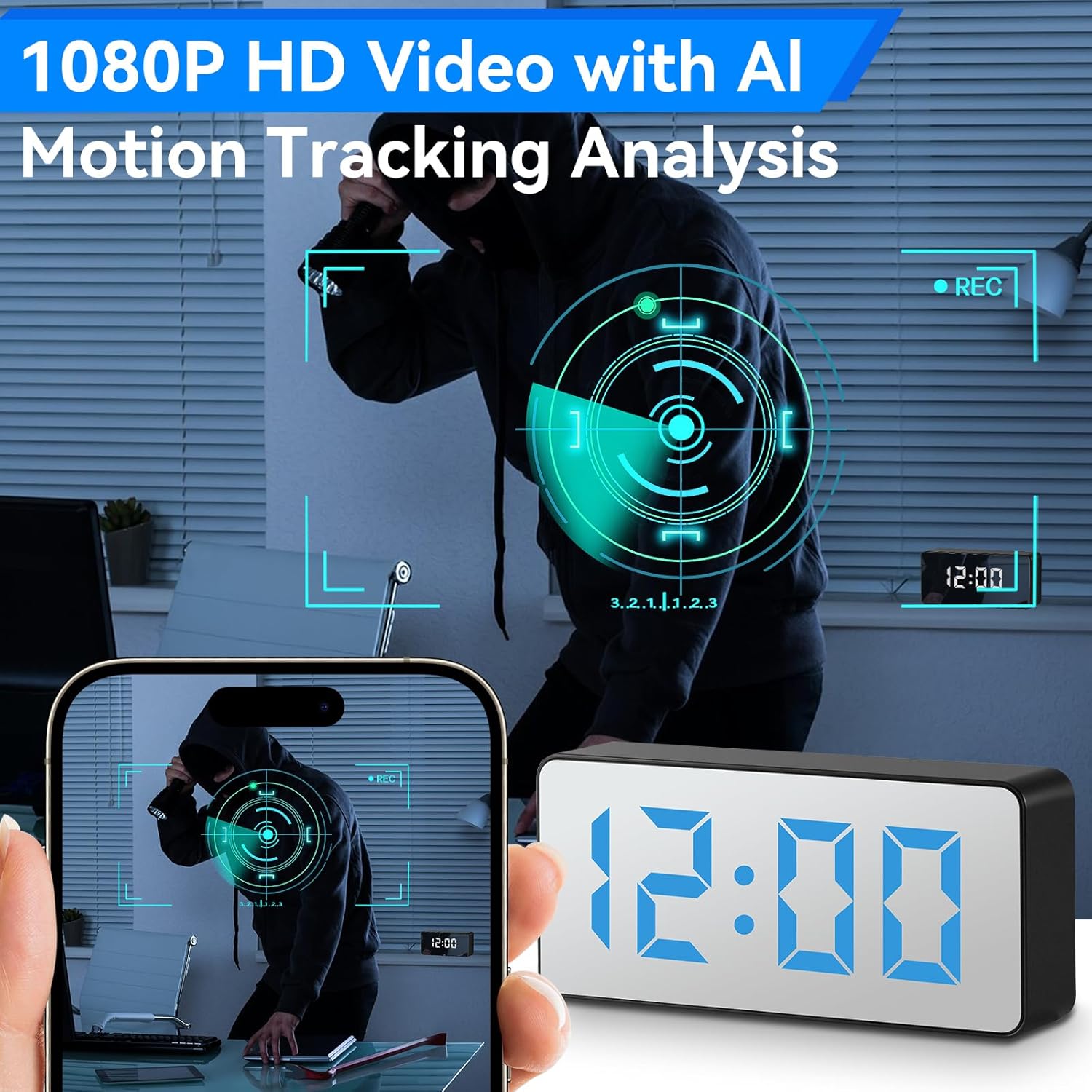 1080P HD WiFi Hidden Camera (Digital Clock Design) - Night Vision, Wide Angle & Loop Recording Indoor Security Nanny Camera for Home Surveillance
