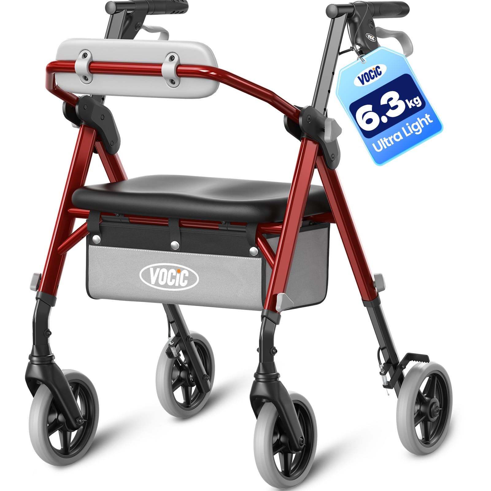 VOCIC Deambulatore pieghevole e leggero con seduta, 6,3 kg ultraleggero | Deambulatore per anziani, max 150 kg, sedile ergonomico, altezza regolabile, walker stretto per casa & viaggi, granata