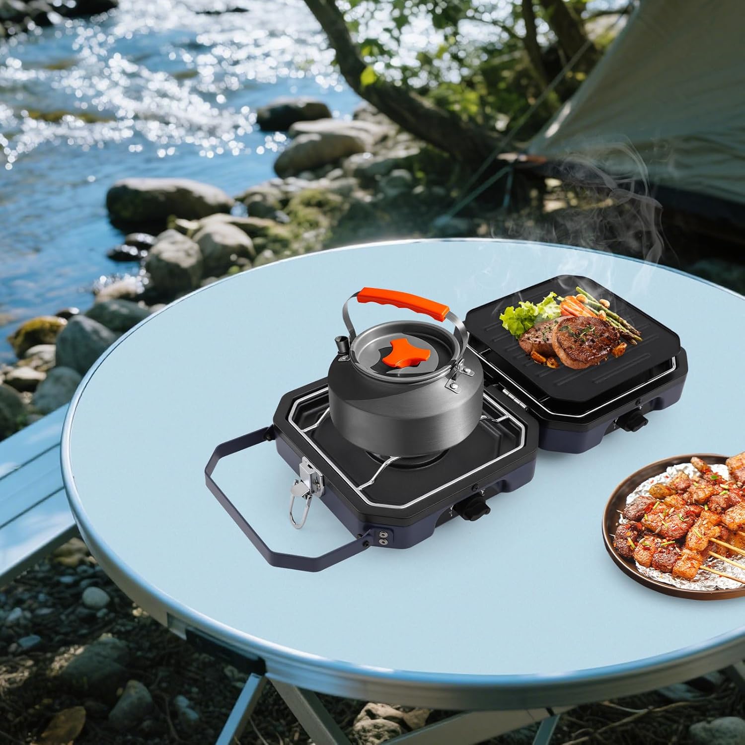 Portable 2 Burner Camping Stove, Mini Foldable Gas Camp Stove with Frying Pan, Griddle, Folding Propane Burner Adjustable for Propane, Outdoor Backpacking Cooking Kit