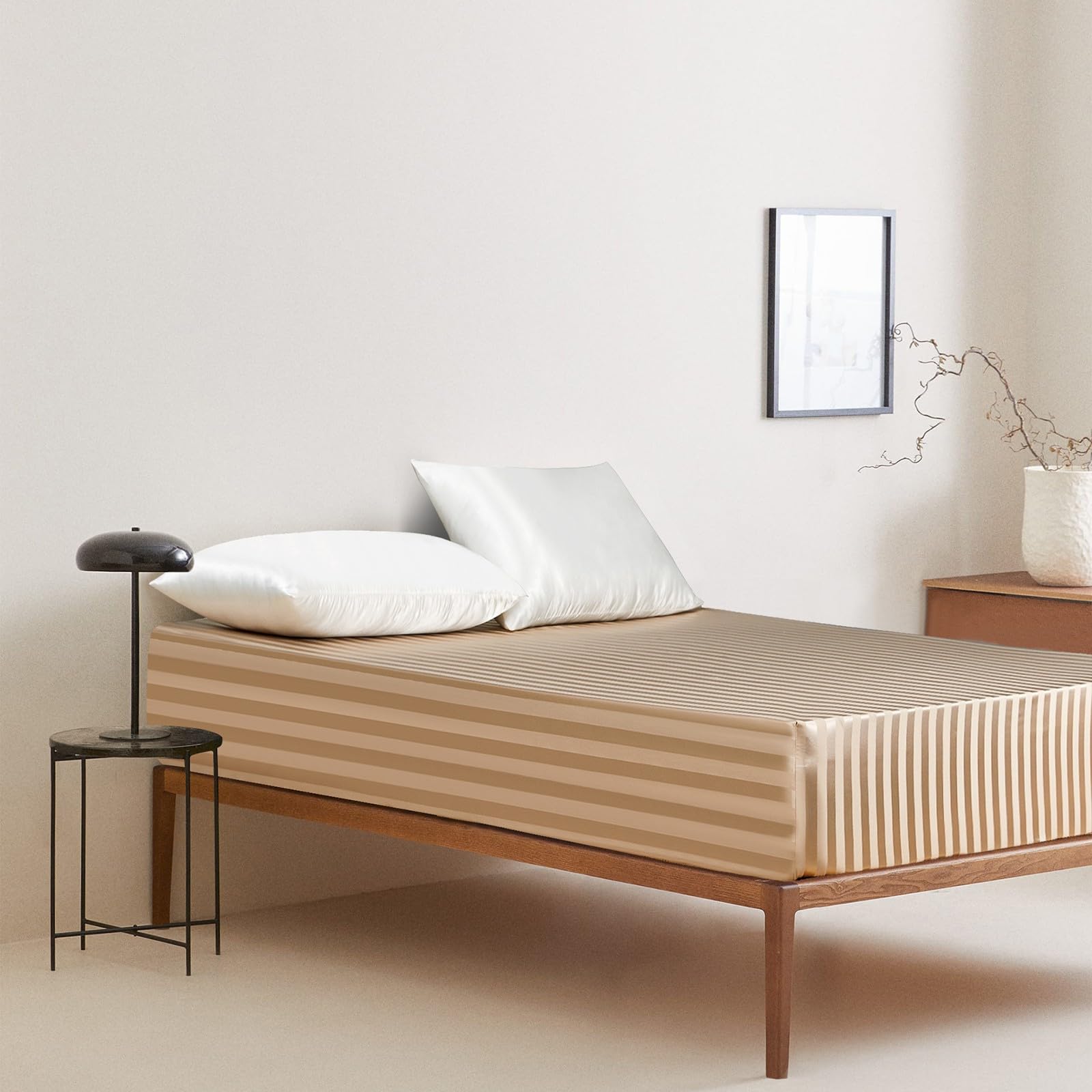 Boqingzhu Sábana bajera de satén de 160 x 200 cm, color beige y dorado, a rayas, microfibra, para colchón de hasta 30 cm
