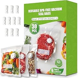 Babacom 30 Pcs Sac Sous Vide Alimentaire Réutilisable avec Valve d’Air & 10 Pinces – Petit (21 x 22 cm), Sachet Congelation Sans BPA, pour Conservation des Aliments, Micro-ondes, Cuisson Sous Vide | Pour Machine à Tuyau, Pour Portatives, Triple Anti-Fuite, Lave-Vaisselle, Anti-Perforation, Double Zip