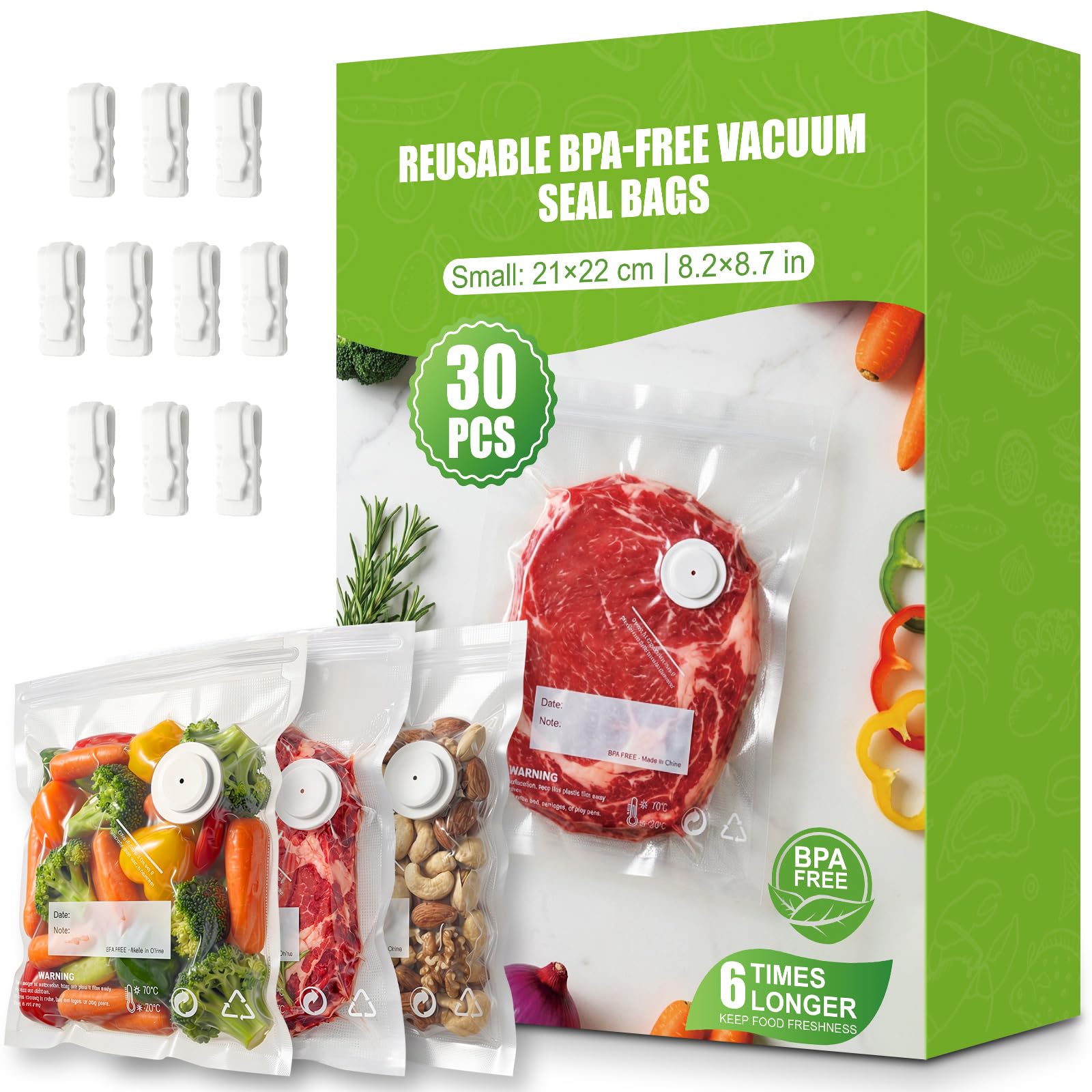 Babacom 30 Pcs Sac Sous Vide Alimentaire Réutilisable avec Valve d’Air & 10 Pinces – Petit (21 x 22 cm), Sachet Congelation Sans BPA, pour Conservation des Aliments, Micro-ondes, Cuisson Sous Vide | Pour Machine à Tuyau, Pour Portatives, Triple Anti-Fuite, Lave-Vaisselle, Anti-Perforation, Double Zip - 1