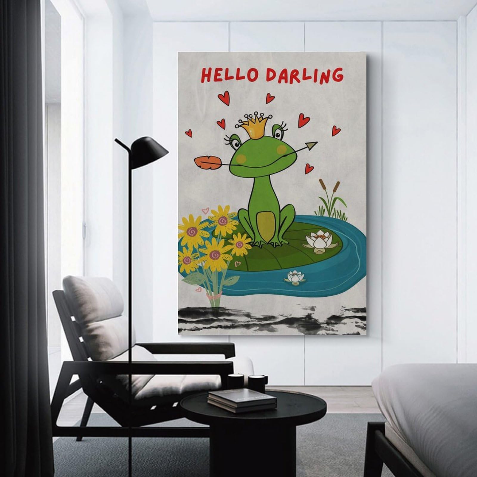 Junmoney Hello Darling Frog Princess Illustration Decorative Wall Artwork 24x36inch(60x90cm), for Home Lounge, Bedroom Or Reading Nook, Easy Decor for Gallery Walls