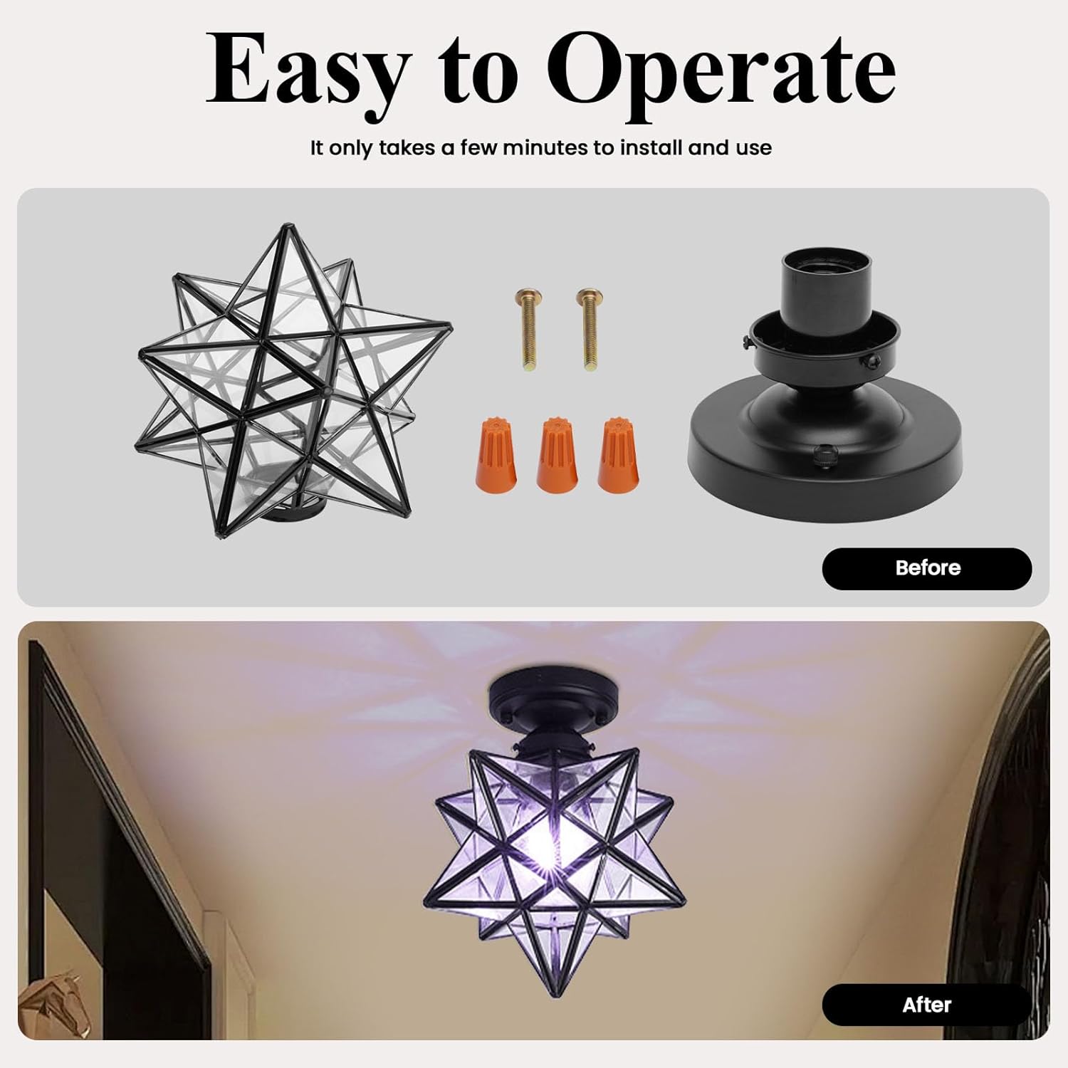 Moravian Star Light, Industrial Moravian Star Ceiling Light with Transparent Shade, Flush Mount Ceiling Lights for Living Room Bedroom Bathroom Hallway, Lamp Fixture (9.8 x 7.7Inch)