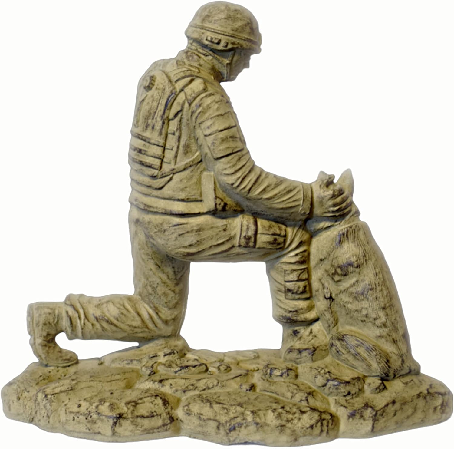 Kneeling Soldier with Dog Stone Statue 18in Tall Desert Sand Brown Color