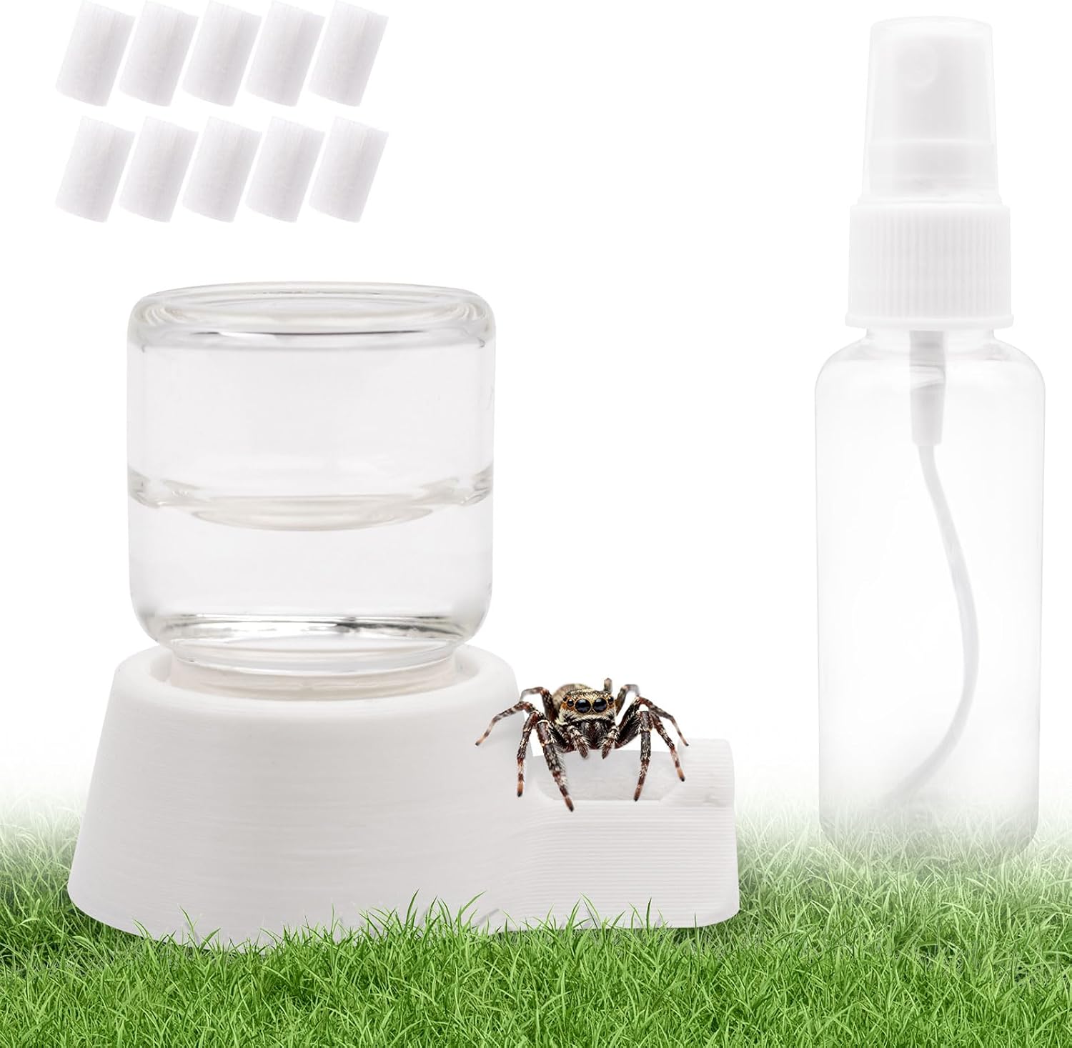 Jumping Spider Water Dispenser & Enclosure Accessory Kit – Mini 5ml Water Fountain with Mist Bottle & 10 Replacement Cotton Cores for Jumping Spiders & Tarantulas (White)