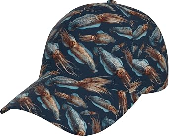 Navy Blue Watercolor Squid Print Baseball Caps Women Men, Funny Golf Trucker Dad Hats Cool Adjustable Cap for Outdoor