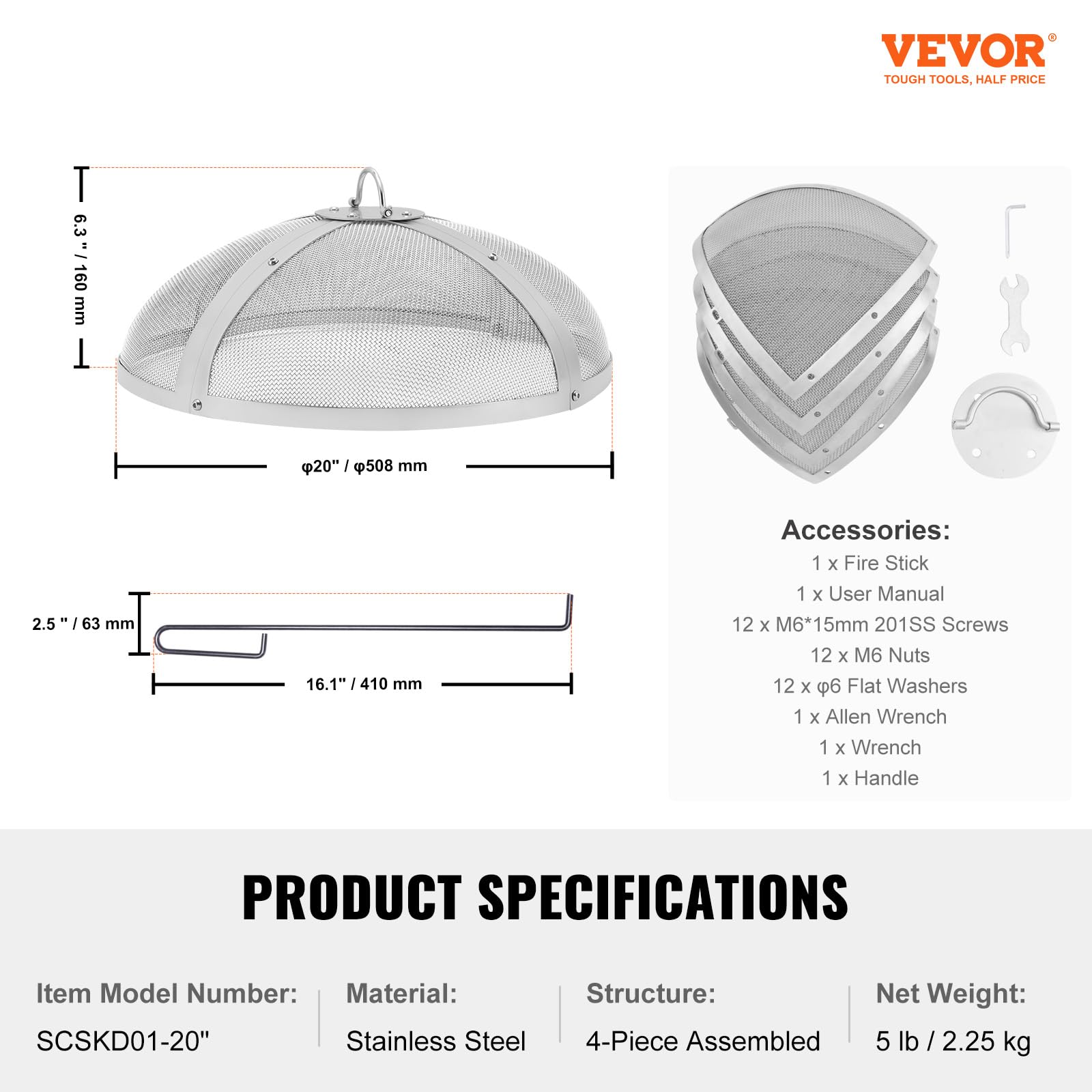 VEVOR Parachispas para Brasero 508 mm Alambrera de Brasero de Acero Inoxidable Cubierta Redonda Rejilla de Protección contra Chispas de Fuego Apertura Fácil con Accesorios para Hogueras, Jardín, Patio
