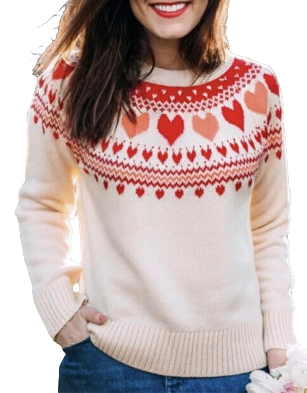 Womens Fair Isle Sweater Casual Long Sleeve Crewneck Cute Heart Knit Pullover Sweaters