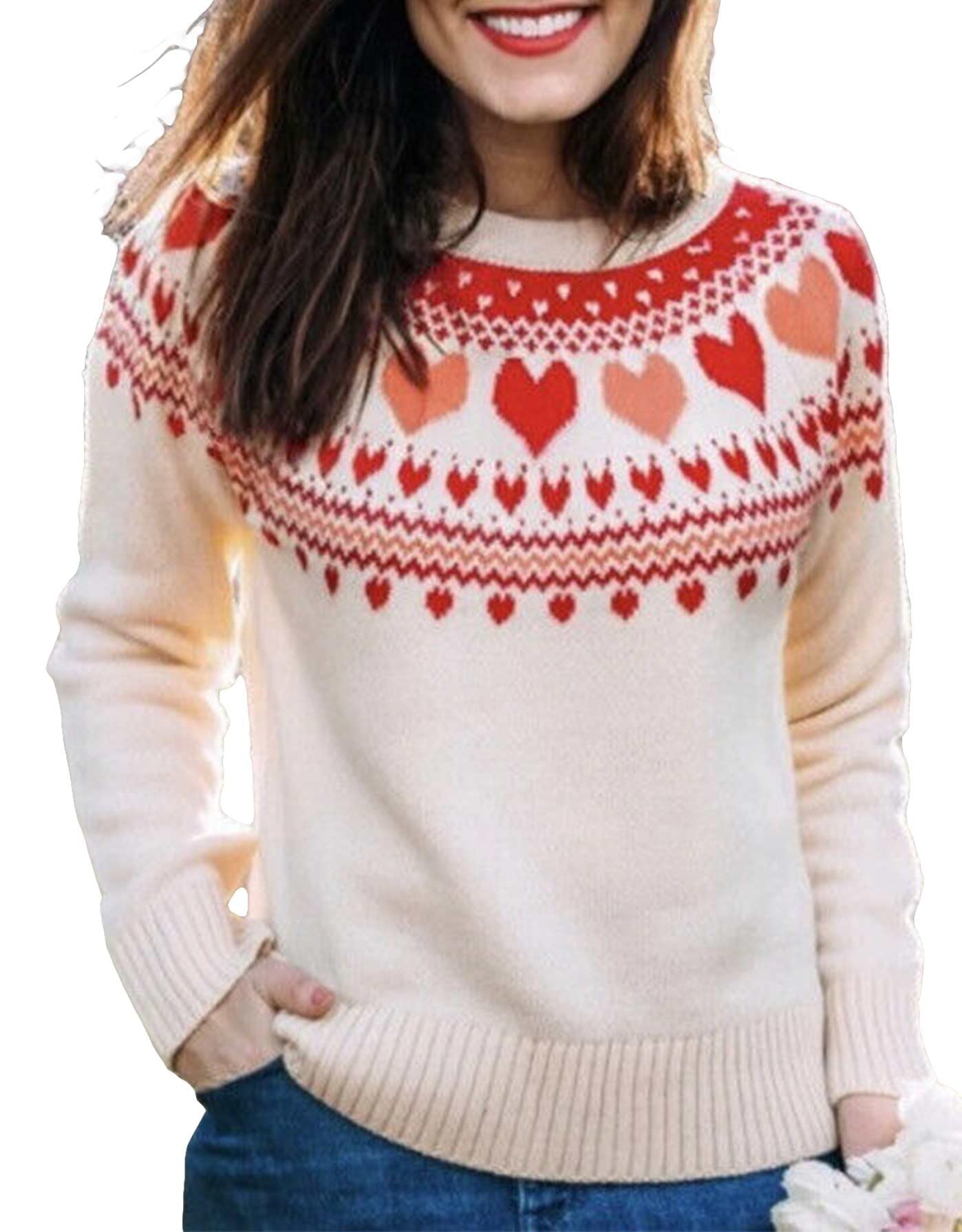 Womens Fair Isle Sweater Casual Long Sleeve Crewneck Cute Heart Knit Pullover Sweaters