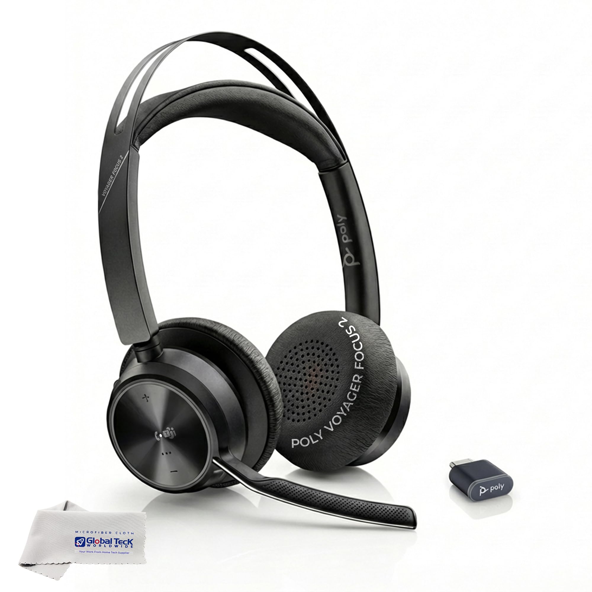 Poly Plantronics Voyager Focus 2 UC, Stereo Bluetooth Headset, USB-C for Teams, Connects to Deskphone, PC/Mac, Smartphone - Works with Zoom, RingCentral, 8x8, Vonage - GTW Bundle with Microfiber Cloth