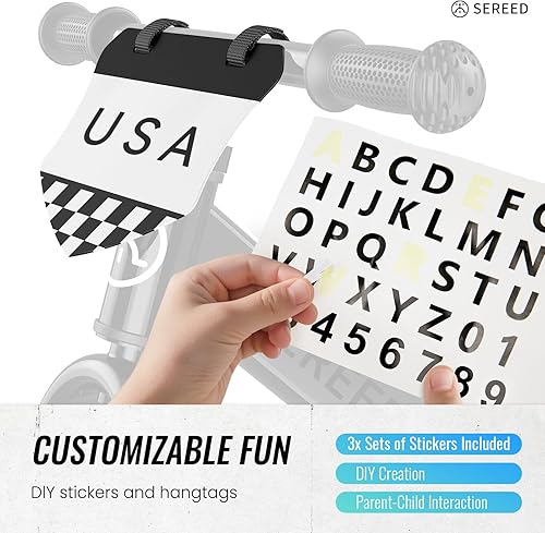 Miniatura 4 de SEREED Bicicleta de equilibrio para niños de 2 a 5 años, sin pedales, ajuste sin herramientas, placa personalizable con calcomanías, regalo para