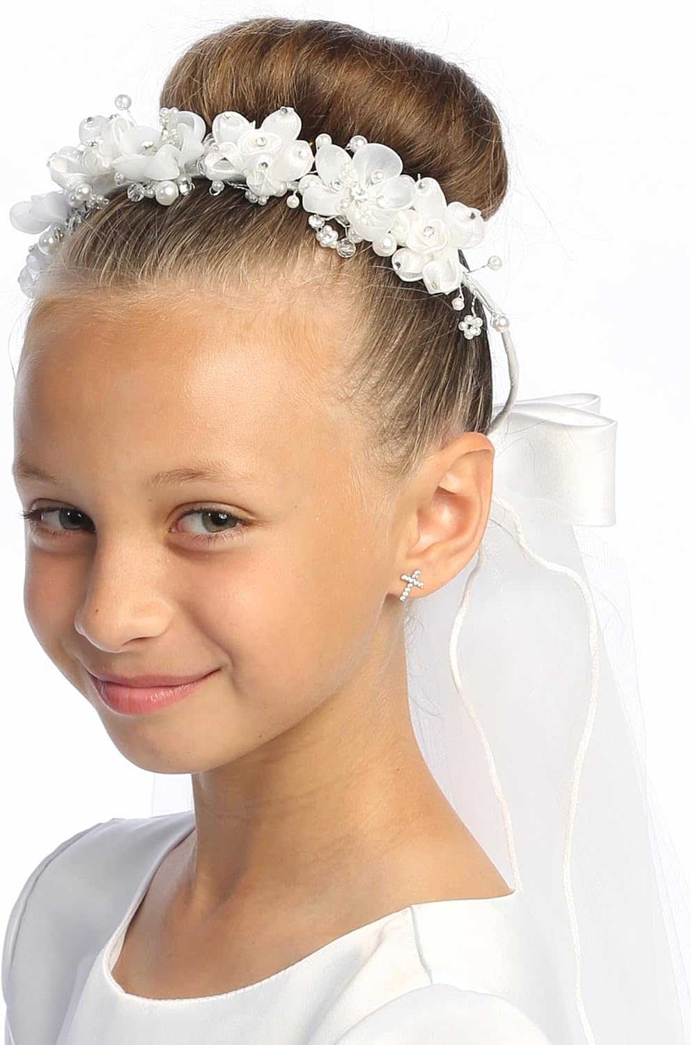 Swea Pea & Lilli Girls First Communion Veil - White Holy 1st Communion Headpiece with Headband and Flowers