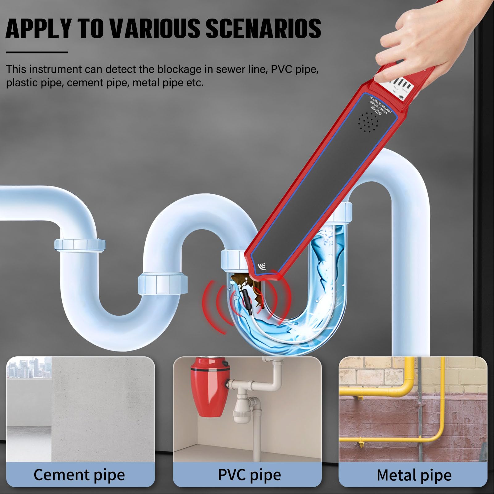Jiawu Localizador Detector de Bloqueo de Tuberías para Tuberías de PVC y Metal, Localizadores de de 2M Escáner de Pared de Alcantarillado Subterráneo,Sensibilidad Ajustable