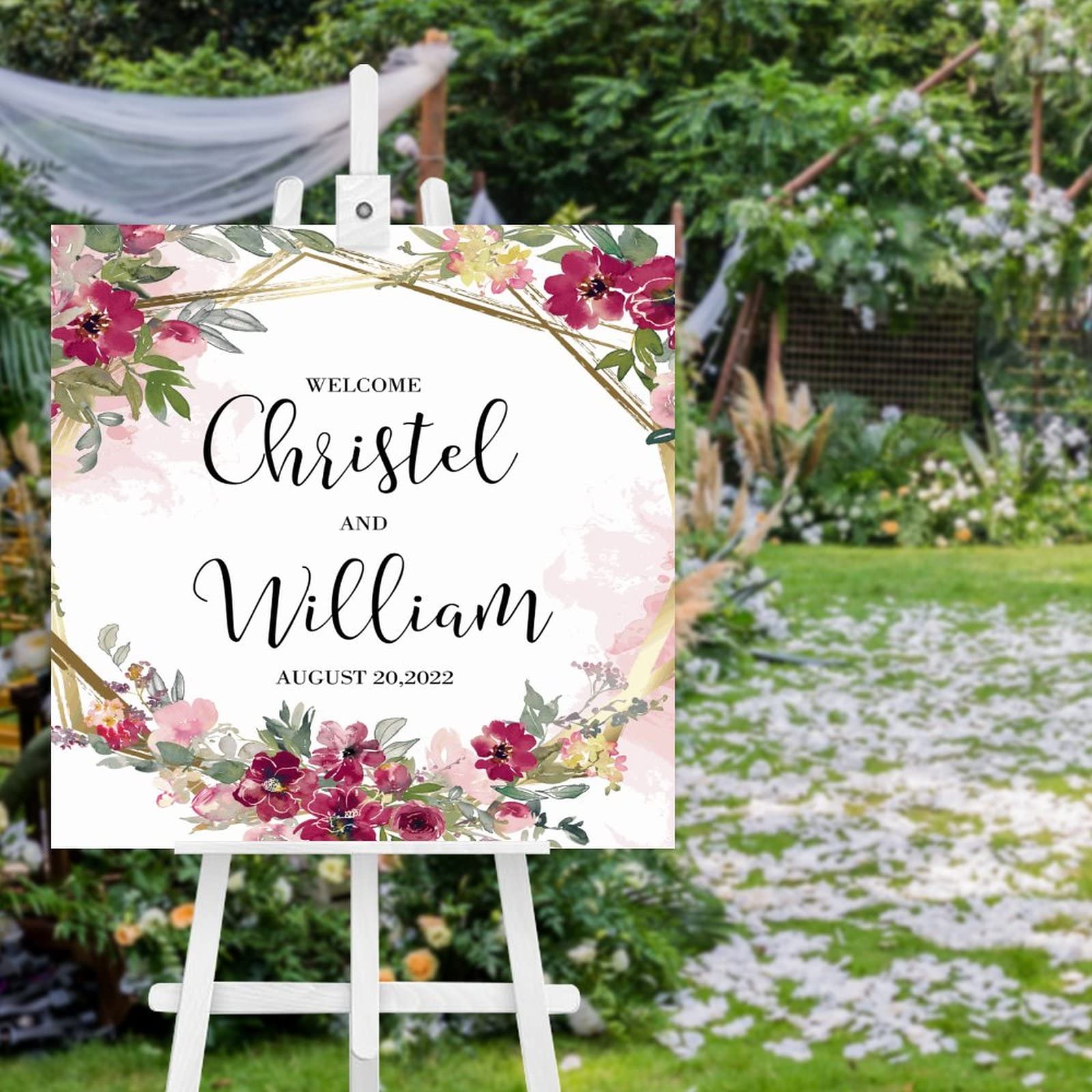 Panneau de bienvenue en bois mariage gravé thème rose 50cm