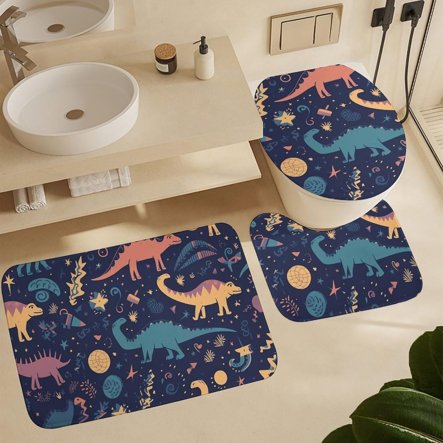 Dinosaurs and Stars Colorful Shower Curtain Set 4 Piece, Non-Slip Bath Mat with Toilet Lid Cover and Waterproof Shower Curtain with 12 Hooks, Complete Bathroom Set for Home Decor