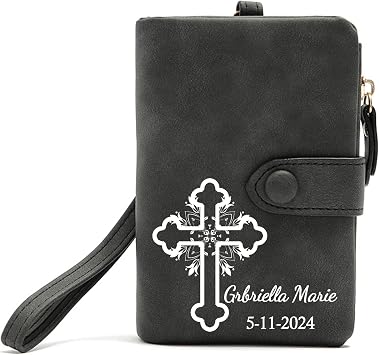 Custom Womens Wallet Personalized with Name and Text, Christian Gifts for Christmas Birthday - Customized Small Bifold Leather Wallets Coin Purse Ladies Wristlet Credit Card Holder