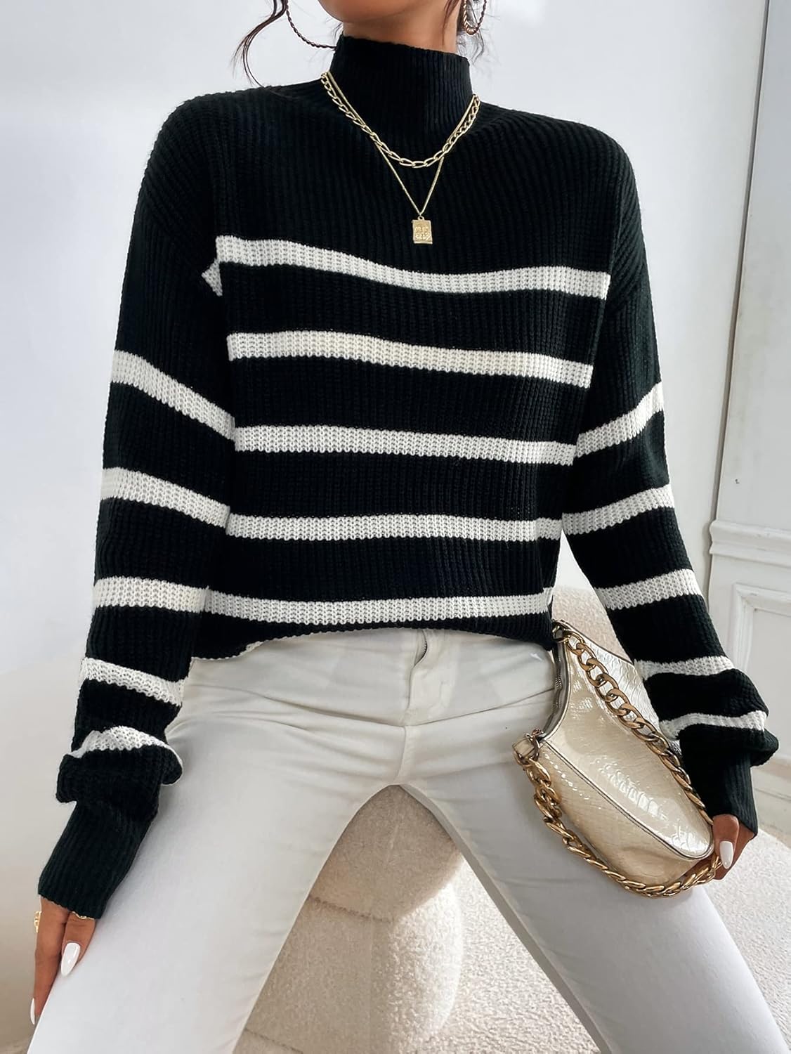Women's Sweater Stripe Pattern Mock Neck Drop Shoulder Sweater Sweater for Women (Color : Black, Size : Medium)