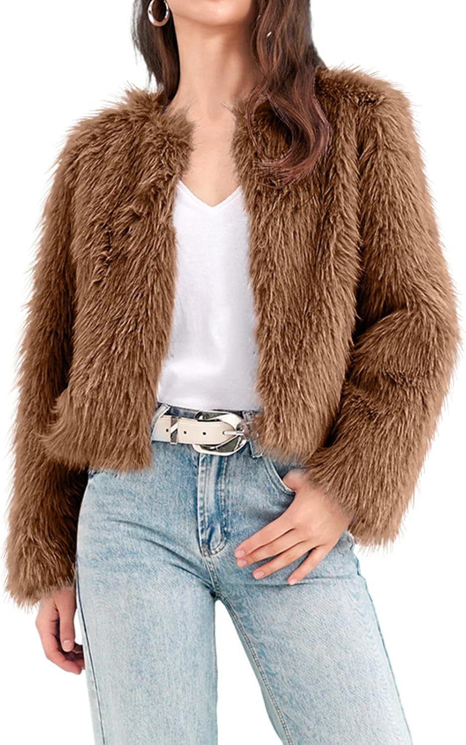 Fisoew Womens Faux Fur Coat Long Sleeve Cropped Fleece Open Front Short Jacket Outerwear - Image 4