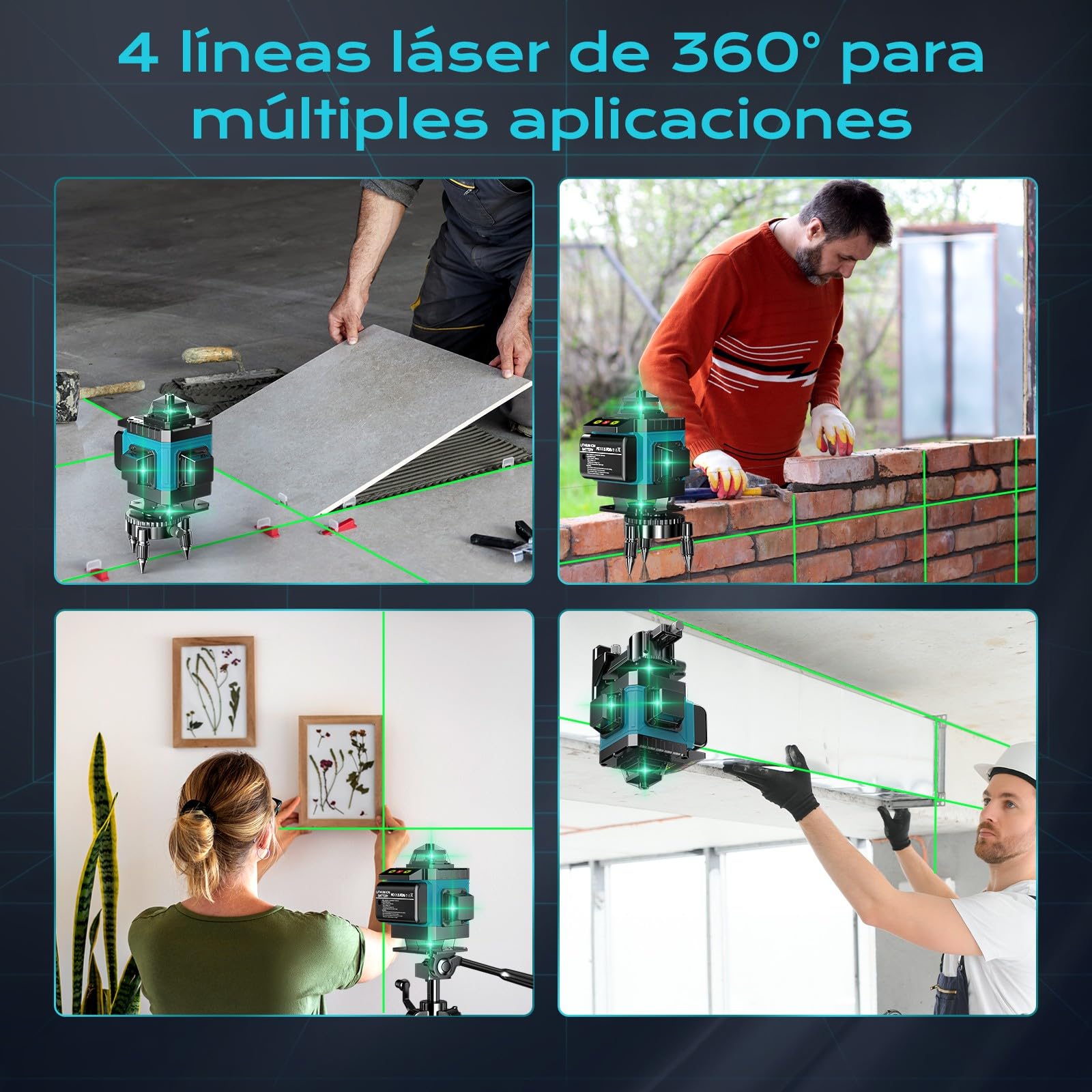 Nivel Laser Autonivelante 360 Grados, Nivel Láser Verde 16 Líneas, 2 x 360 Horizontal y 2 x 360 Verticales, 2 x Batería, Montaje en Pared, Control Remoto, Base Magnética, Soporte Giratorio