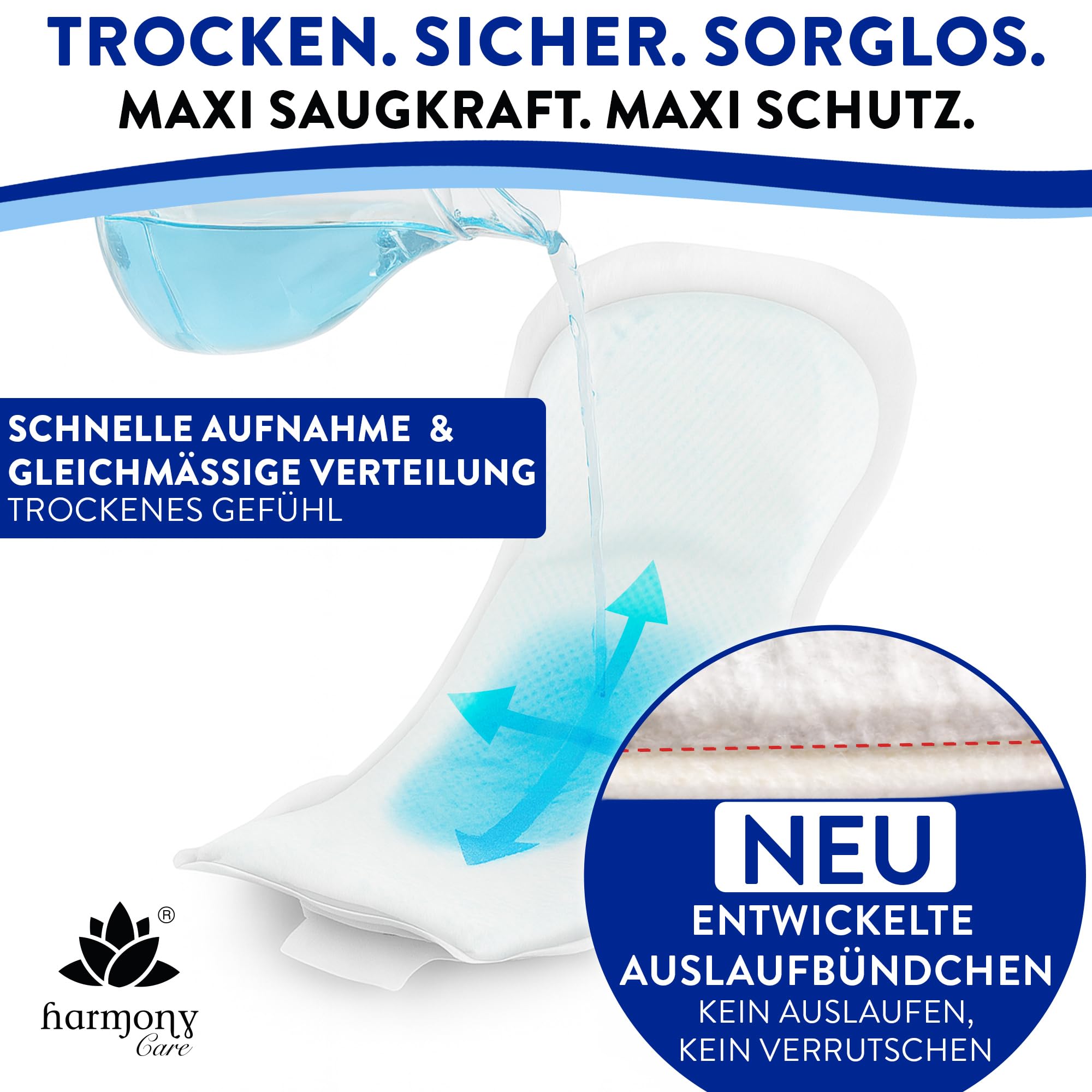 Harmony Care® Lady MAXI Inkontinenzeinlagen für Damen extra stark – saugstarke Inkontinenz Einlagen bei mittlere bis starker Blasenschwäche - auslaufsichere Hygieneeinlagen für die Nacht, 28 Stück