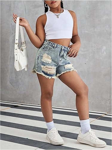 Floerns Girl's Distressed Raw Hem Elastic Waist Jean Shorts Straight Leg Denim Shorts(Pale Blue,11 Years)
