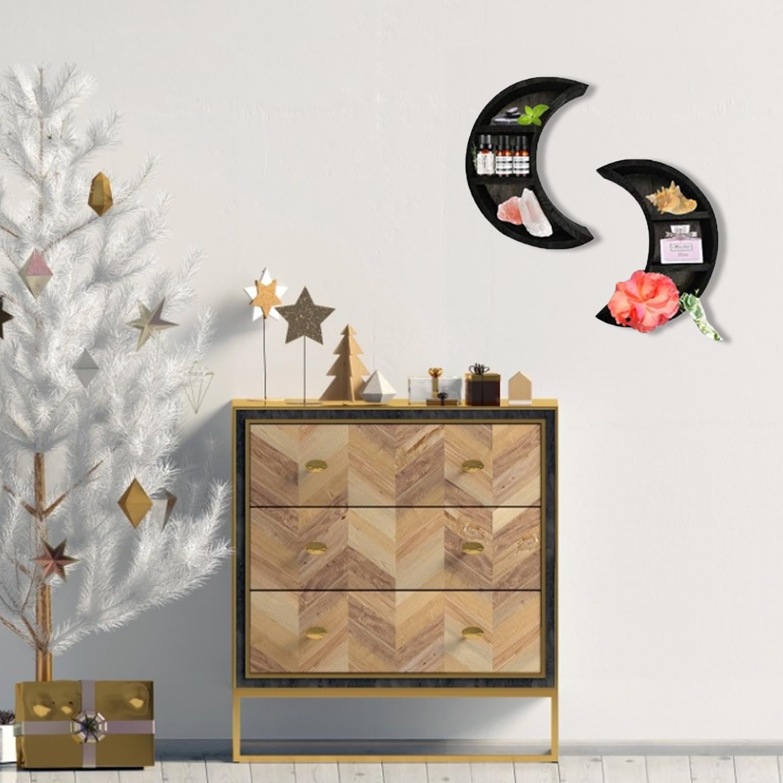 Mensole a forma di luna decorativa da parete, espositore galleggiante a
