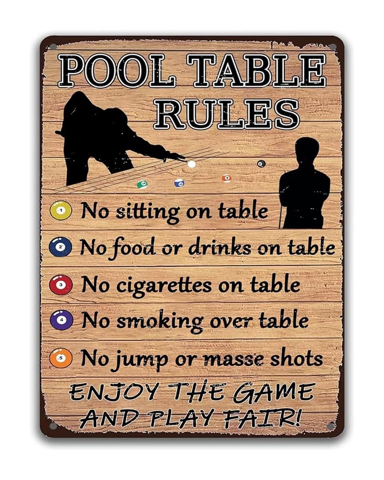 EKFBQBGW Retro Pool Sign Vintage Billiard Rules Tin Metal Sign for Man Cave Home Bar Decor 8 X 12 in