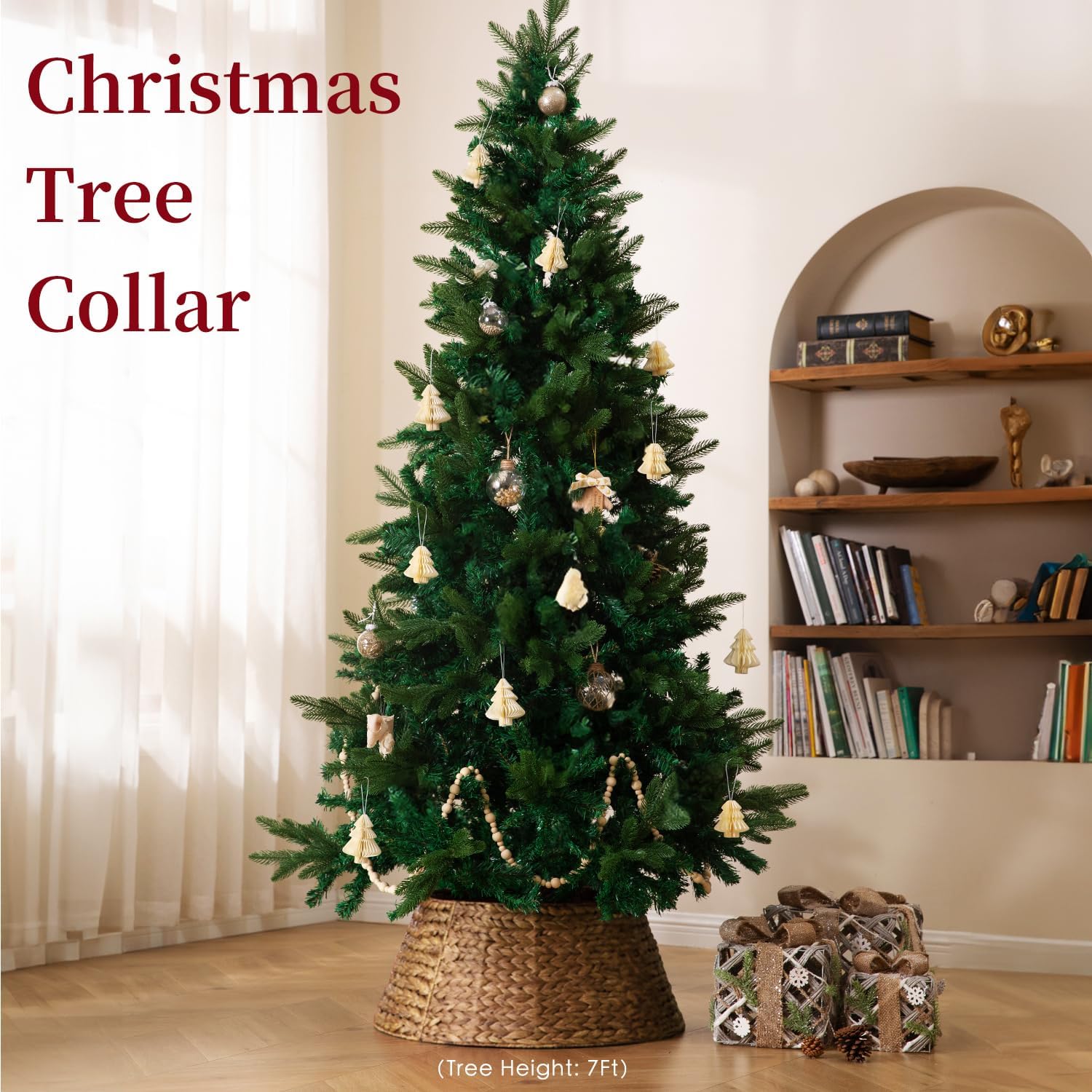 24in Hyacinth Christmas Tree Collar - Woven Rattan Basket for Christmas Tree Base Cover, Holiday Decoration for 4ft 6ft 7.5ft Artificial Trees with Cord Cut-Out(Brown)