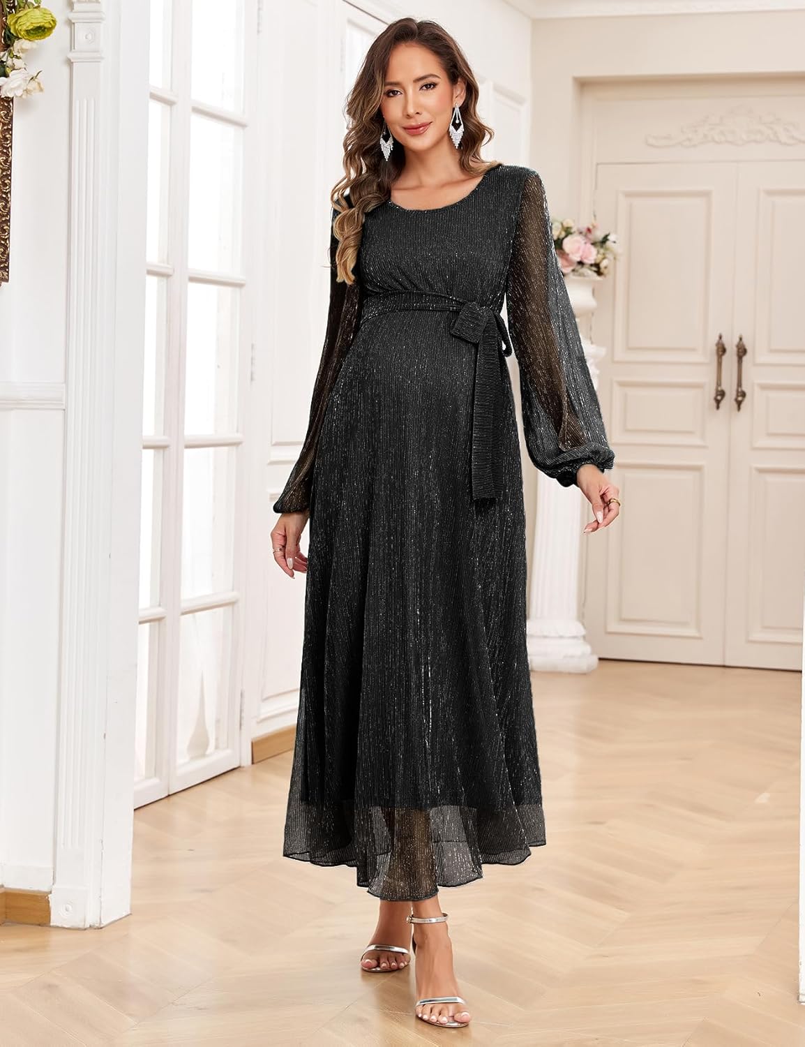 2025 Maternity Sparkly Mesh Maxi Flowy Dress with Belt Long Sleeves Pregnant Long Dress Baby Shower Photoshoot Formal - Image 3