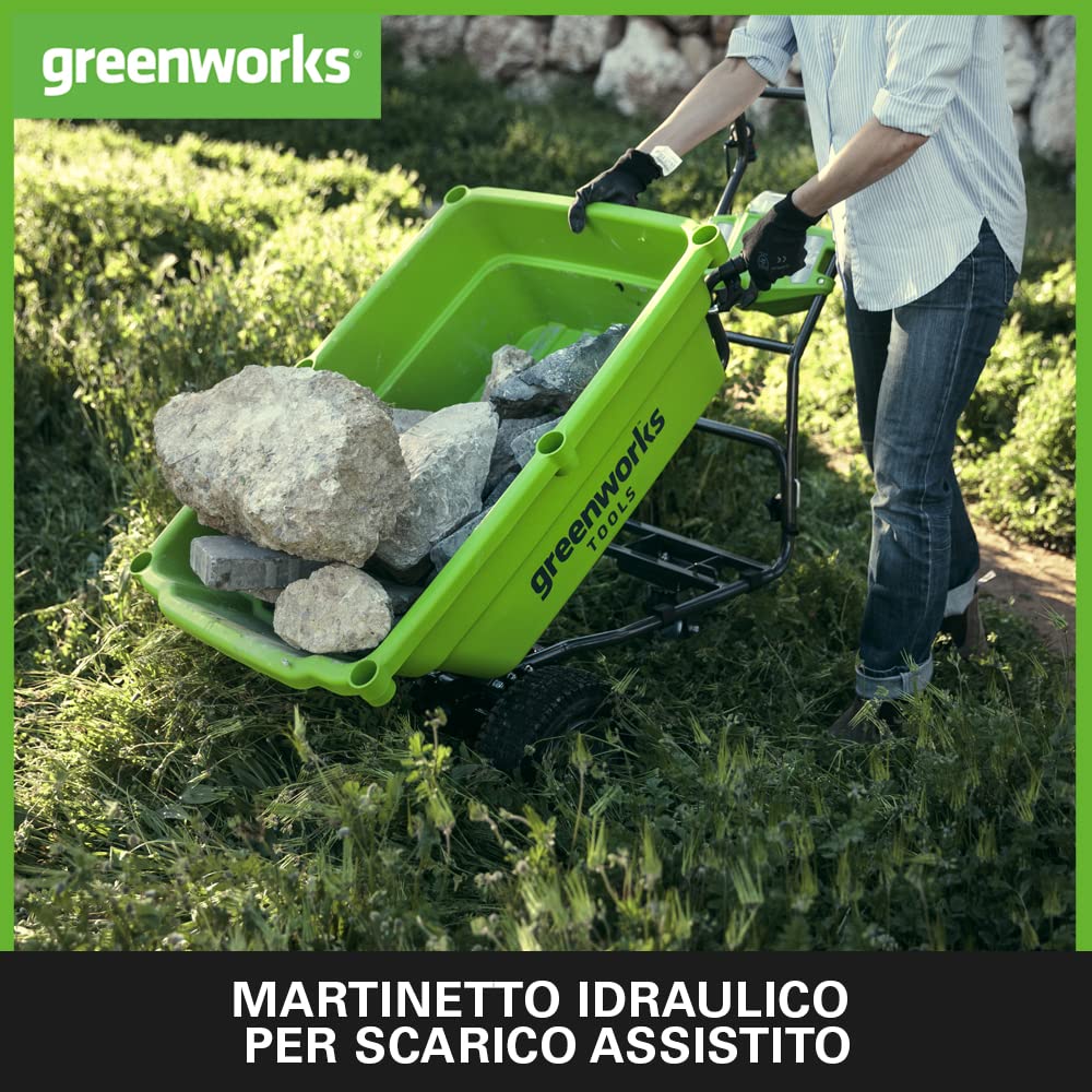 Greenworks G40GC Carriola Elettrica a Batteria, Semovente, Capacità di Carico 100kg, 106L, Funzione Ribaltamento Facile, SENZA Batteria 40V e Caricabatterie, Garanzia 3 Anni