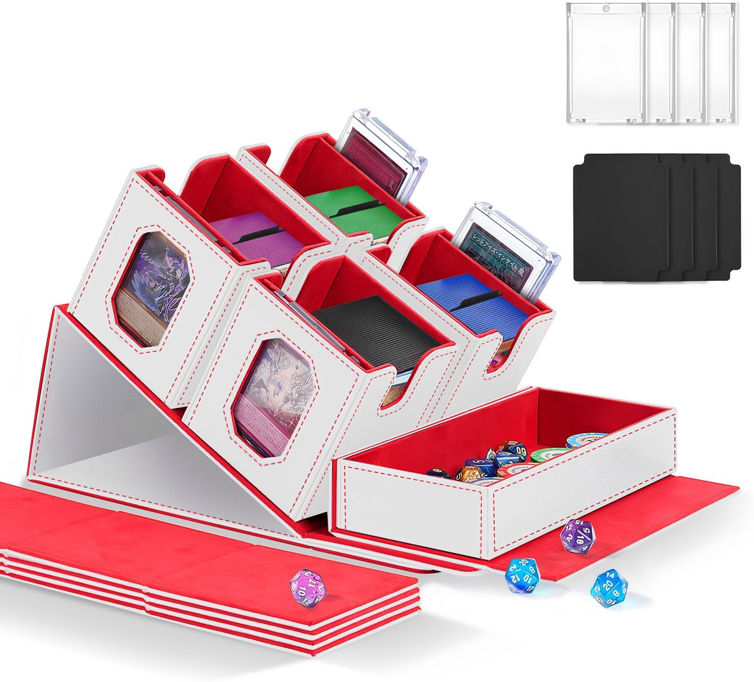 Trading Card Storage Box with Commander Display for MTG, TCG, Sports Cards, 5-in-1 Card Deck Box, Holds 450+ Double-Sleeved Cards, 4 Individual Deck Cases with Covers, Dice Tray & Magnetic Holders