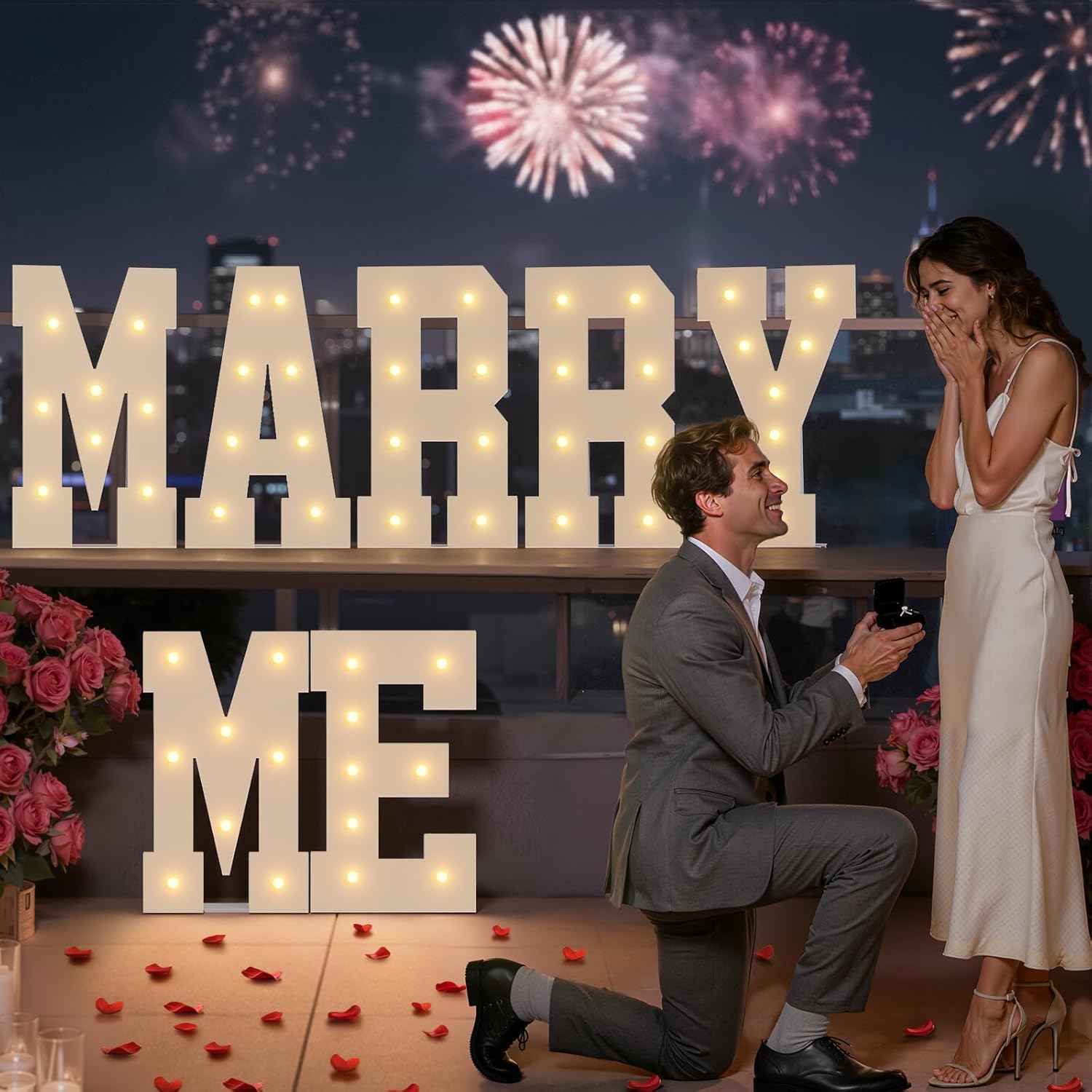 Marry Me Light-up Letters Sign: 2FT Will You Marry Me Sign Large Marquee Letters Big Light up Sign for Wedding Engagement Proposal Party Decorations with 2000 Red Rose Petals