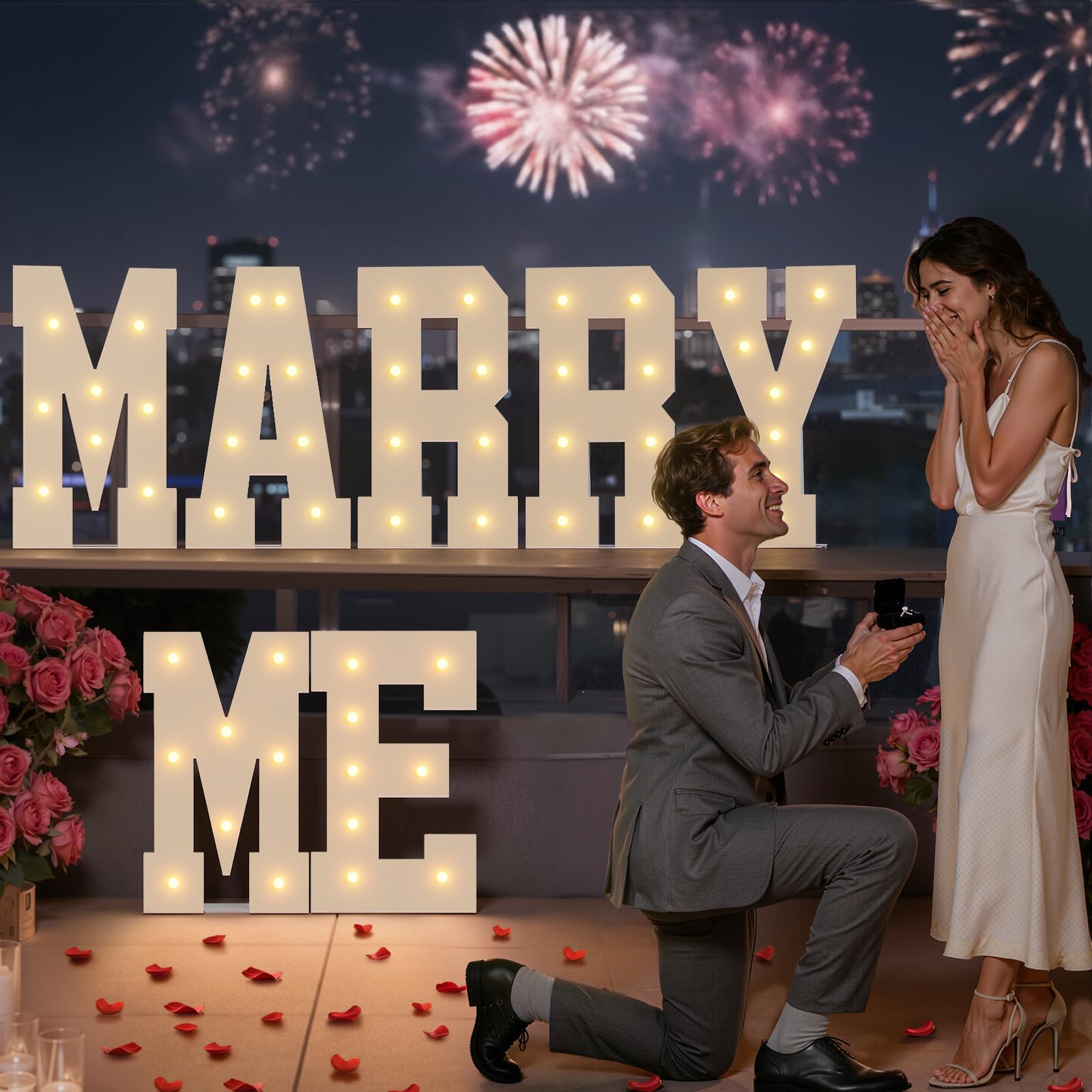 Photo 1 of Marry Me Light-up Letters Sign: 2FT Will You Marry Me Sign Large Marquee Letters Big Light up Sign for Wedding Engagement Proposal Party Decorations with 2000 Red Rose Petals Pack of 7